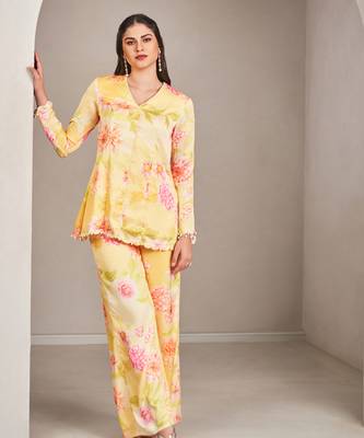Yellow satin floral printed top with pants 1