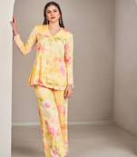 Yellow satin floral printed top with pants