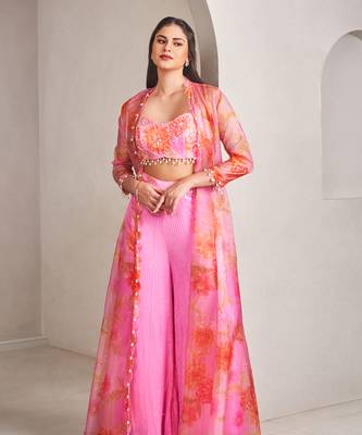 Lavender georgette floral printed cape set 1
