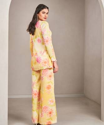 Yellow satin floral printed top with pants 2