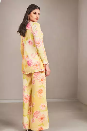 Yellow satin floral printed top with pants