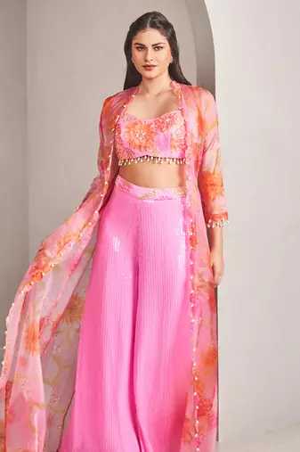 Lavender georgette floral printed cape set