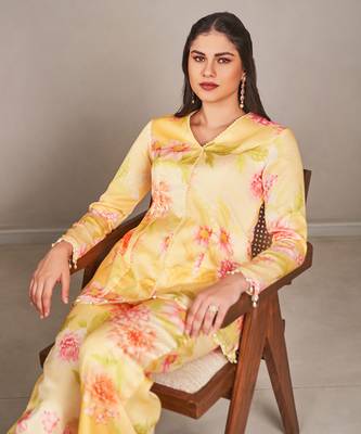 Yellow satin floral printed top with pants 3