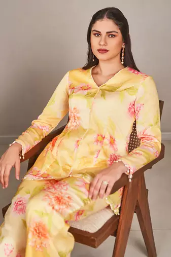 Yellow satin floral printed top with pants