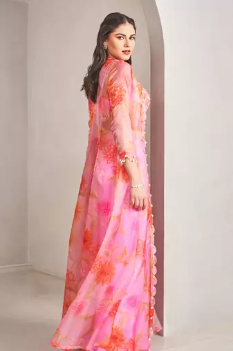 Lavender georgette floral printed cape set