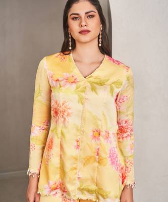 Yellow satin floral printed top with pants 4
