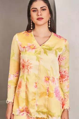 Yellow satin floral printed top with pants