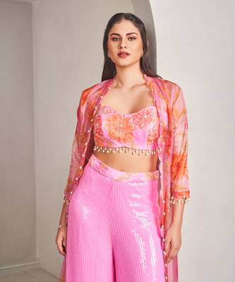 Lavender georgette floral printed cape set 4