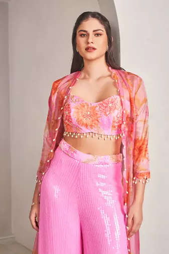 Lavender georgette floral printed cape set