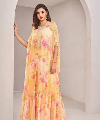 Yellow georgette floral printed cape set 1