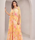 Yellow georgette floral printed cape set