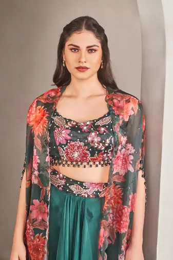 Multicolor silk floral printed cape set