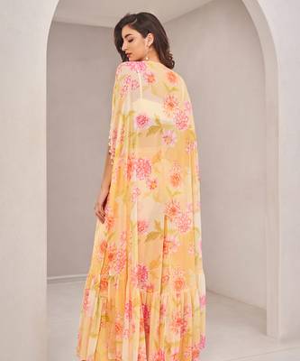Yellow georgette floral printed cape set 2