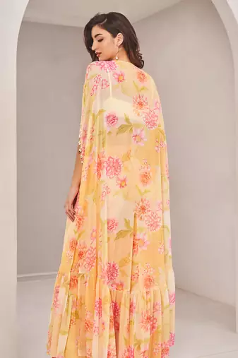 Yellow georgette floral printed cape set