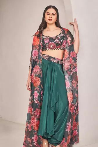 Multicolor silk floral printed cape set