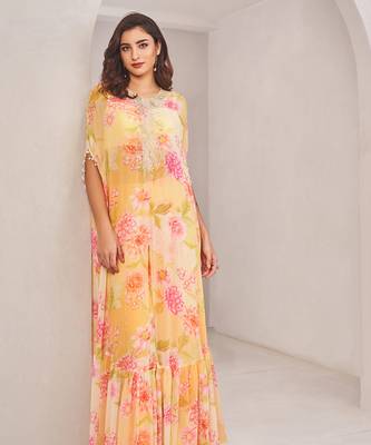 Yellow georgette floral printed cape set 3