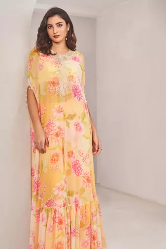 Yellow georgette floral printed cape set