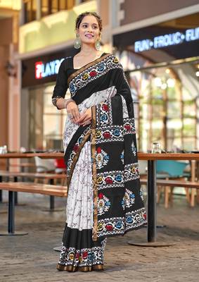 Black modal mulcotton bagru block print saree with unstitched blouse piece 1