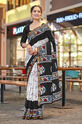 Black modal mulcotton bagru block print saree with unstitched blouse piece
