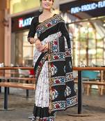 Black modal mulcotton bagru block print saree with unstitched blouse piece