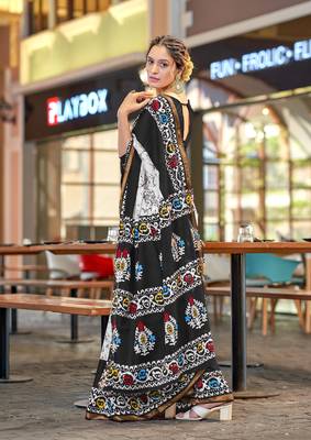 Black modal mulcotton bagru block print saree with unstitched blouse piece 2
