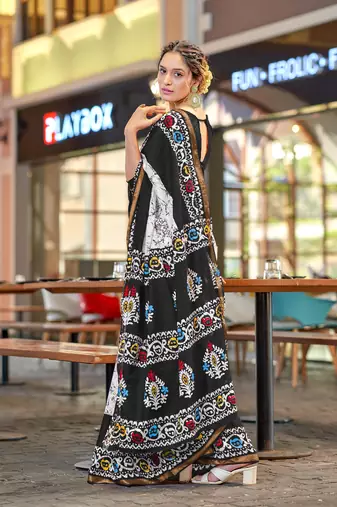 Black modal mulcotton bagru block print saree with unstitched blouse piece