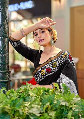 Black modal mulcotton bagru block print saree with unstitched blouse piece 3