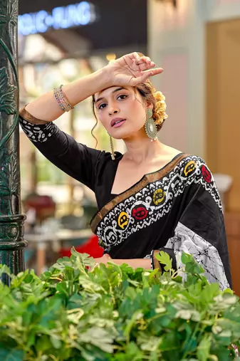 Black modal mulcotton bagru block print saree with unstitched blouse piece