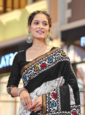 Black modal mulcotton bagru block print saree with unstitched blouse piece 4