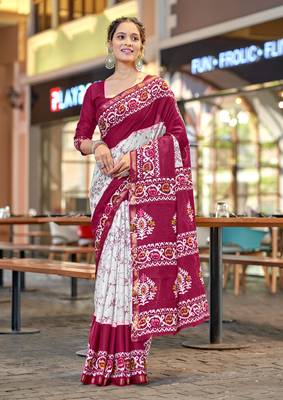 Pink modal mulcotton bagru block print saree with unstitched blouse piece 1