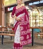 Pink modal mulcotton bagru block print saree with unstitched blouse piece