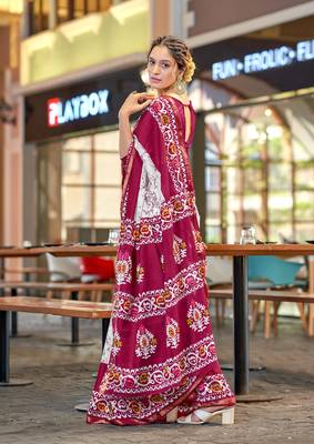 Pink modal mulcotton bagru block print saree with unstitched blouse piece 2