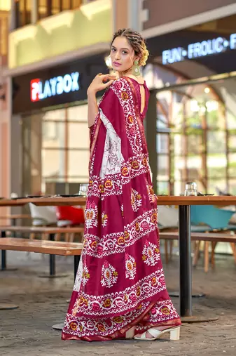 Pink modal mulcotton bagru block print saree with unstitched blouse piece