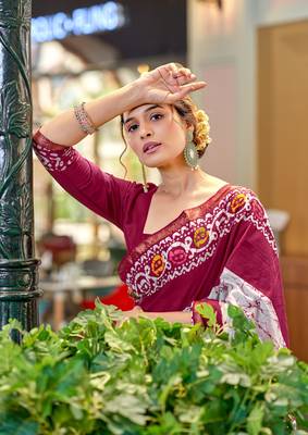 Pink modal mulcotton bagru block print saree with unstitched blouse piece 3