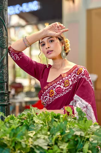 Pink modal mulcotton bagru block print saree with unstitched blouse piece