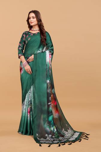Rama green  digital print satin georgette saree with blouse