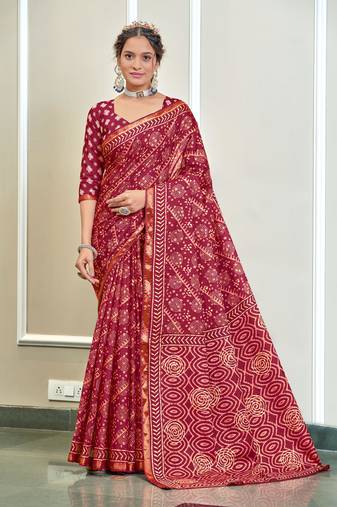Pink modal mulcotton bagru block print saree with unstitched blouse piece