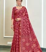 Pink modal mulcotton bagru block print saree with unstitched blouse piece