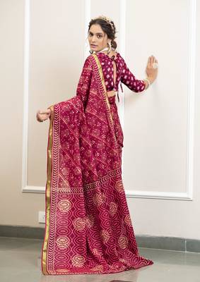 Pink modal mulcotton bagru block print saree with unstitched blouse piece 2