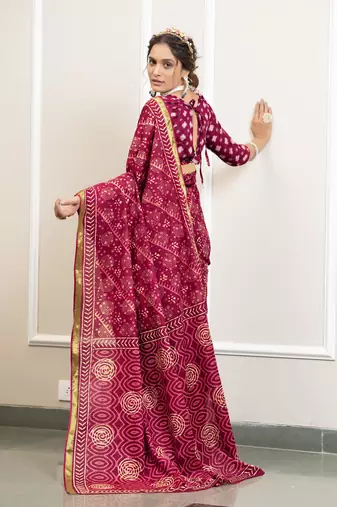 Pink modal mulcotton bagru block print saree with unstitched blouse piece