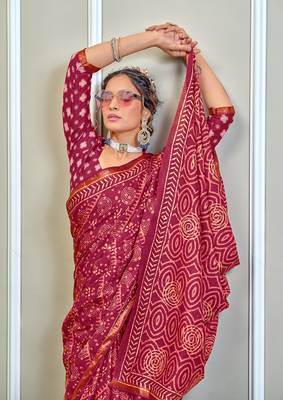 Pink modal mulcotton bagru block print saree with unstitched blouse piece 3