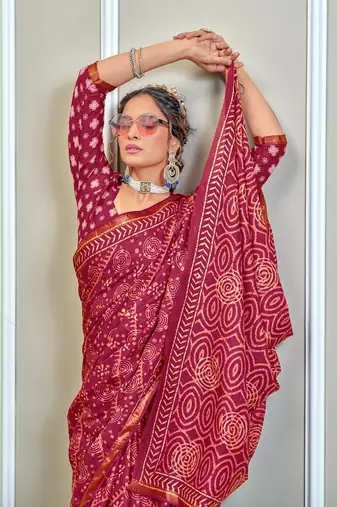 Pink modal mulcotton bagru block print saree with unstitched blouse piece