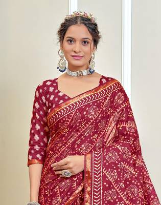 Pink modal mulcotton bagru block print saree with unstitched blouse piece 4