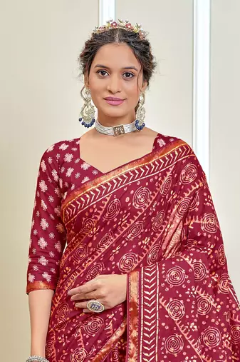 Pink modal mulcotton bagru block print saree with unstitched blouse piece