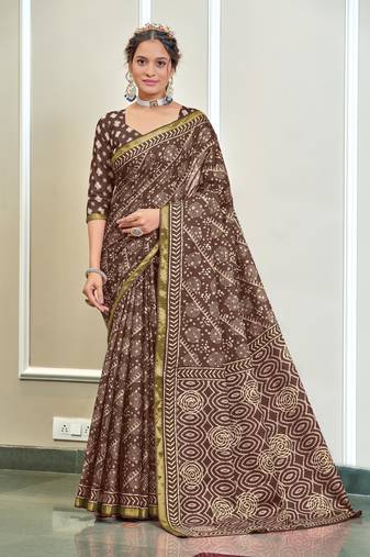 Brown modal mulcotton bagru block print saree with unstitched blouse piece