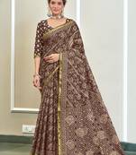 Brown modal mulcotton bagru block print saree with unstitched blouse piece