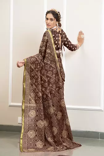 Brown modal mulcotton bagru block print saree with unstitched blouse piece