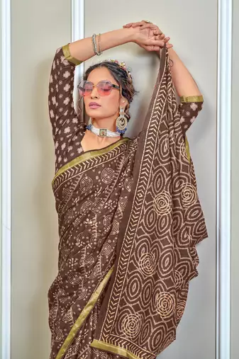Brown modal mulcotton bagru block print saree with unstitched blouse piece
