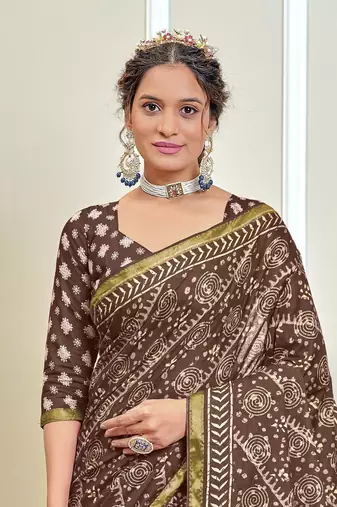 Brown modal mulcotton bagru block print saree with unstitched blouse piece