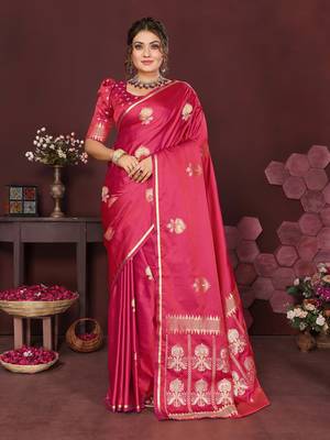 pink Satin silk floral motifs zari weaving banarasi saree 1